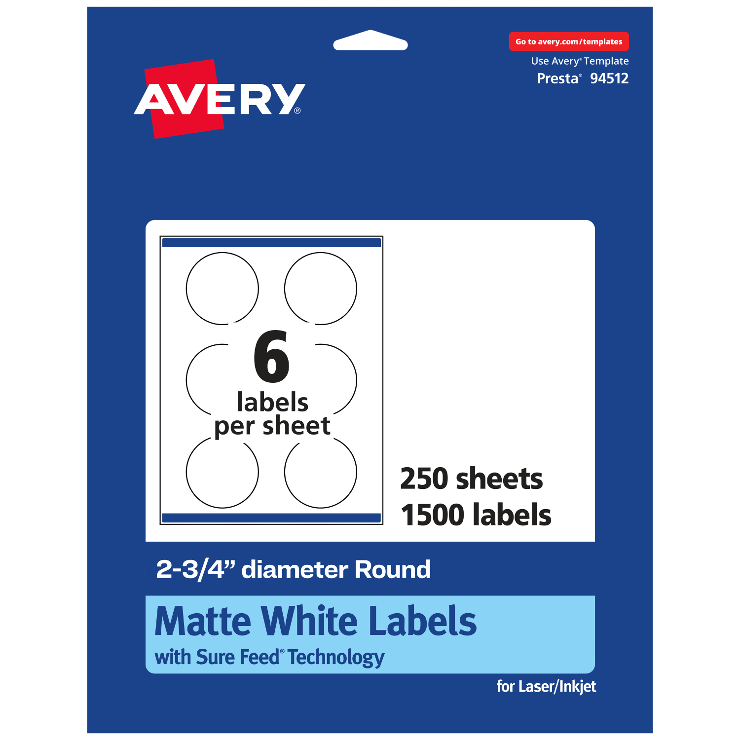 Avery Permanent Labels With Sure Feed, 94512-WMP250, Round, 2-3/4in Diameter, White, Pack Of 1,500