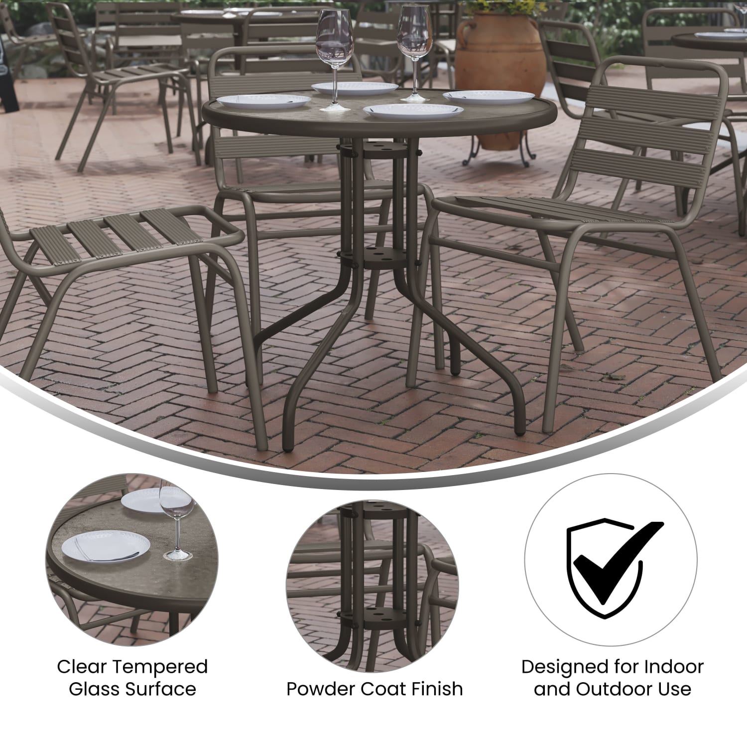 Flash Furniture Bellamy Round Tempered Glass Metal Outdoor Furniture Table, 28inH x 31-1/2inW x 31-1/2inD, Clear/Bronze - Image 5