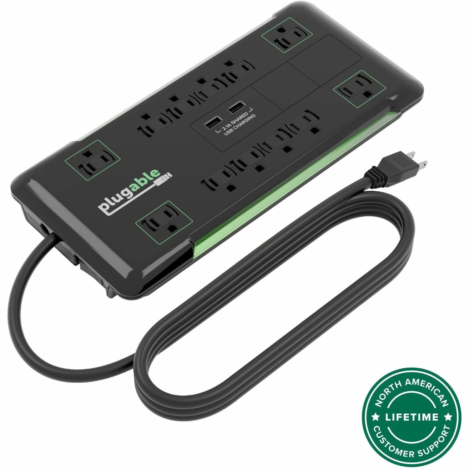 Plugable Surge Protector Power Strip with USB and 12 AC Outlets - Built-in 10.5W 2-Port USB Charger  - PS12USB2B