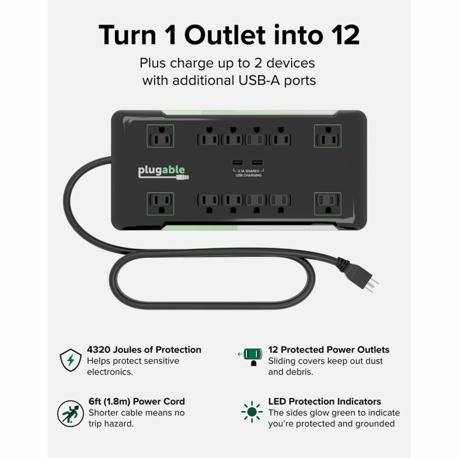 Plugable Surge Protector Power Strip with USB and 12 AC Outlets - Built-in 10.5W 2-Port USB Charger for Android, Apple iOS, and Windows Mobile Devices, 6 Foot Extension Cord - Image 3