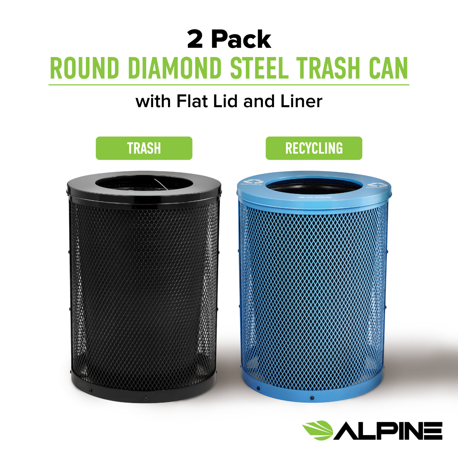 Alpine 36 Gallon Round Diamond Steel Trash Can with Flat Lid and Insert Liner, Black and Blue, 2 Pack - Image 6
