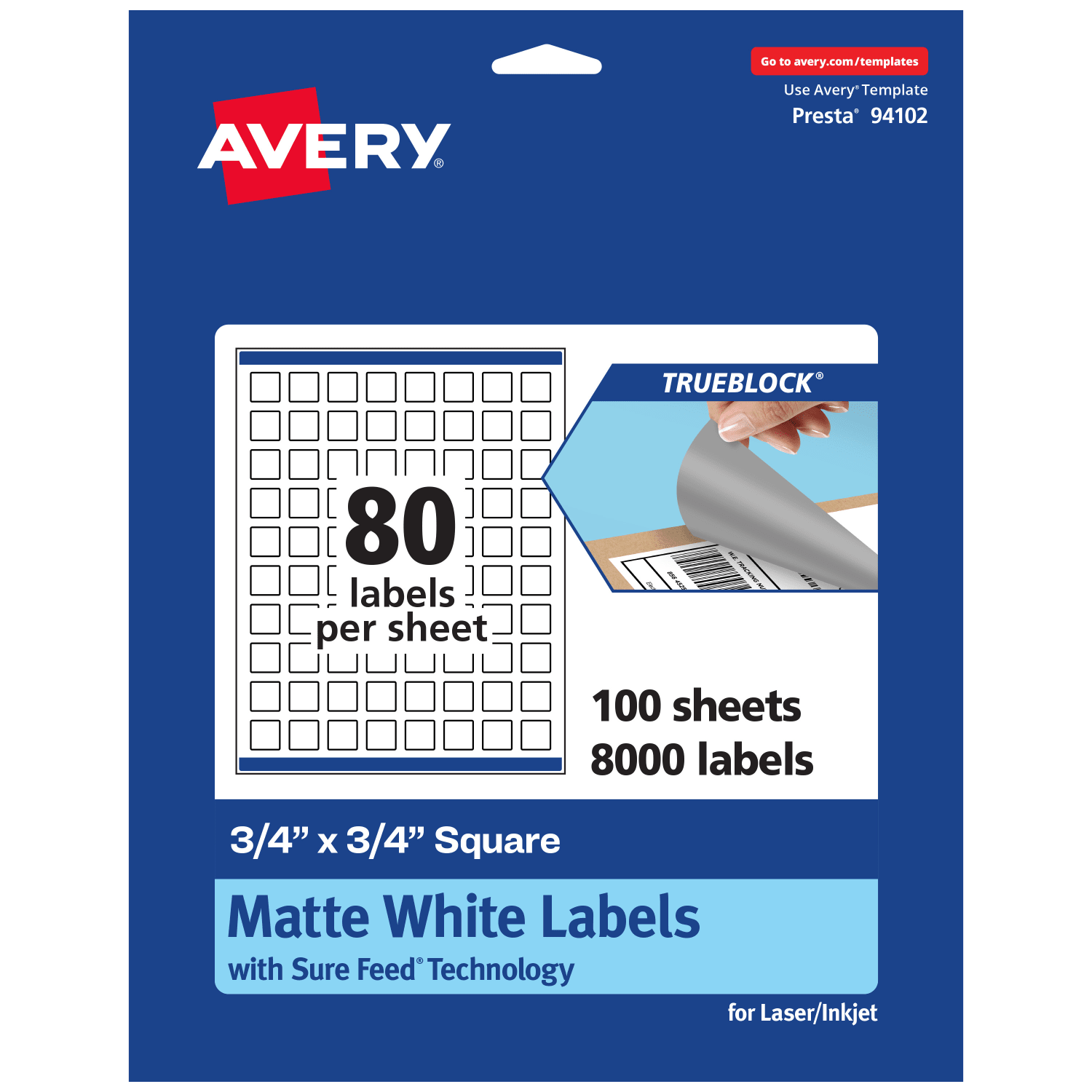 Avery Print-To-The-Edge TrueBlock Labels With Sure Feed, 94102-TWMP100, Square, 3/4in x 3/4in, Matte White, Pack Of 8000