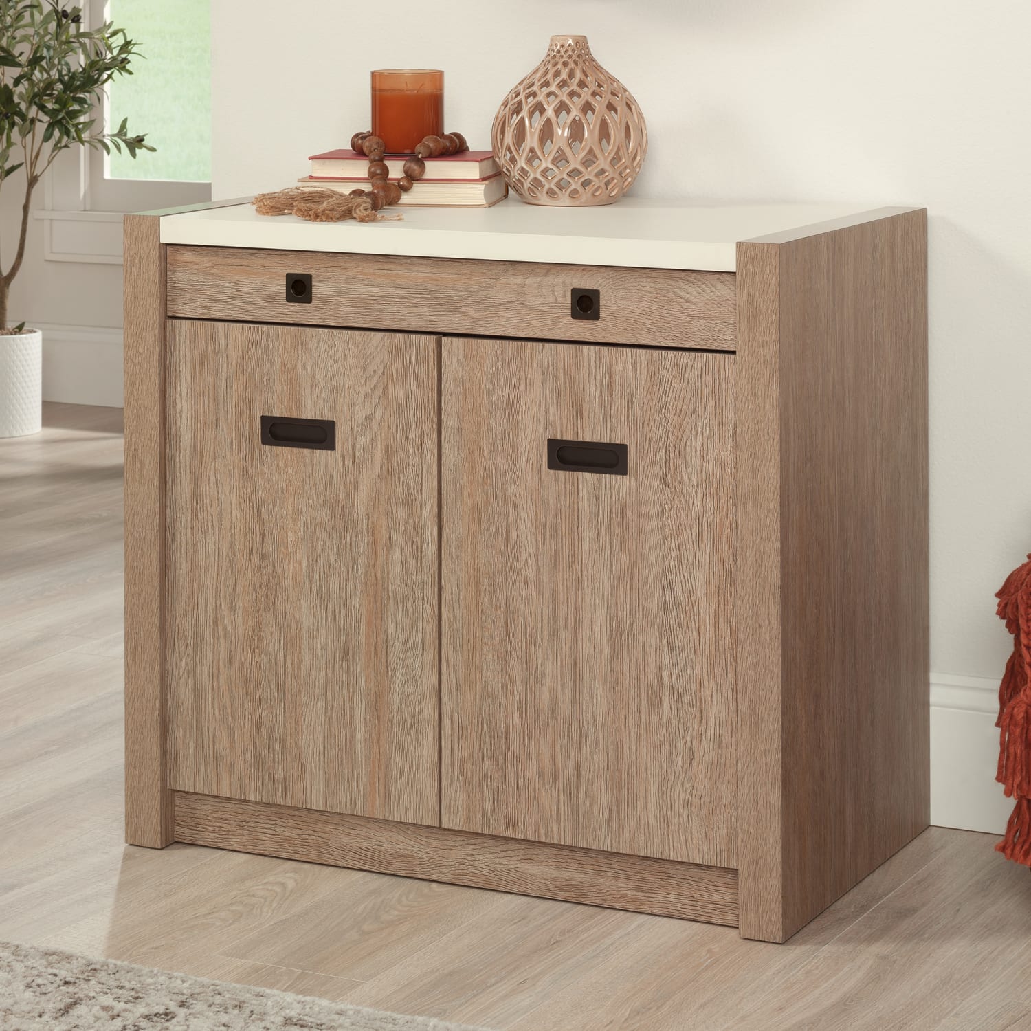 Sauder Dixon City 33inW Computer Desk Cabinet With Storage, Brushed Oak/Pebble White - Image 3