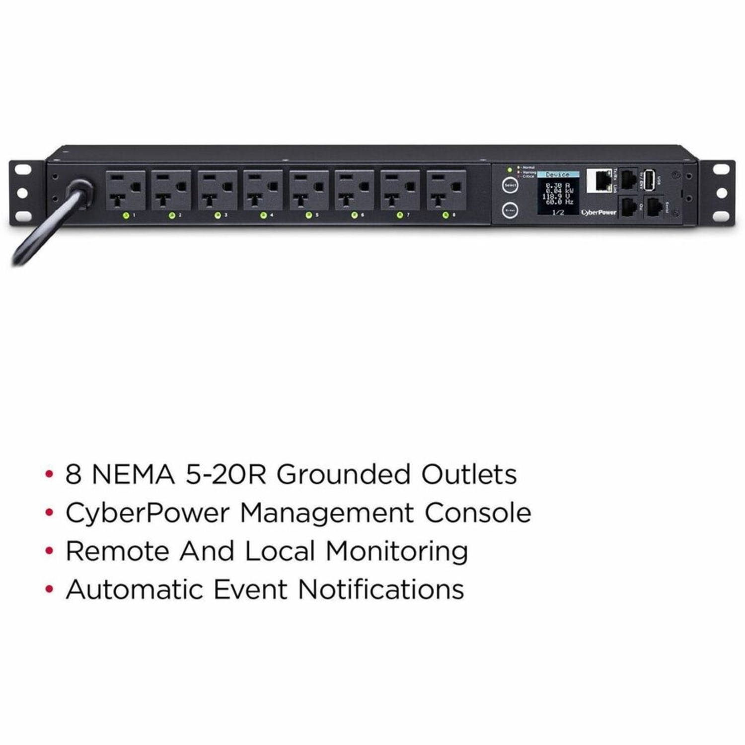 CyberPower PDU41002 Single Phase 100 - 120 VAC 20A Switched PDU - 8 Outlets, 12 ft, NEMA L5-20P (5-20P Adapter), Horizontal, 1U, SNMP, LCD- PDU41002 - Image 4