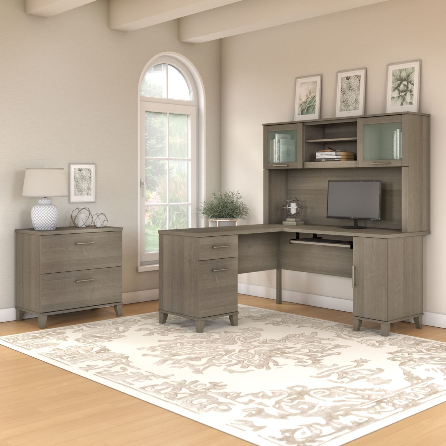 Bush Furniture Somerset L Shaped Desk With Hutch And Lateral File Cabinet, 60inW, Ash Gray, Standard Delivery - Image 3