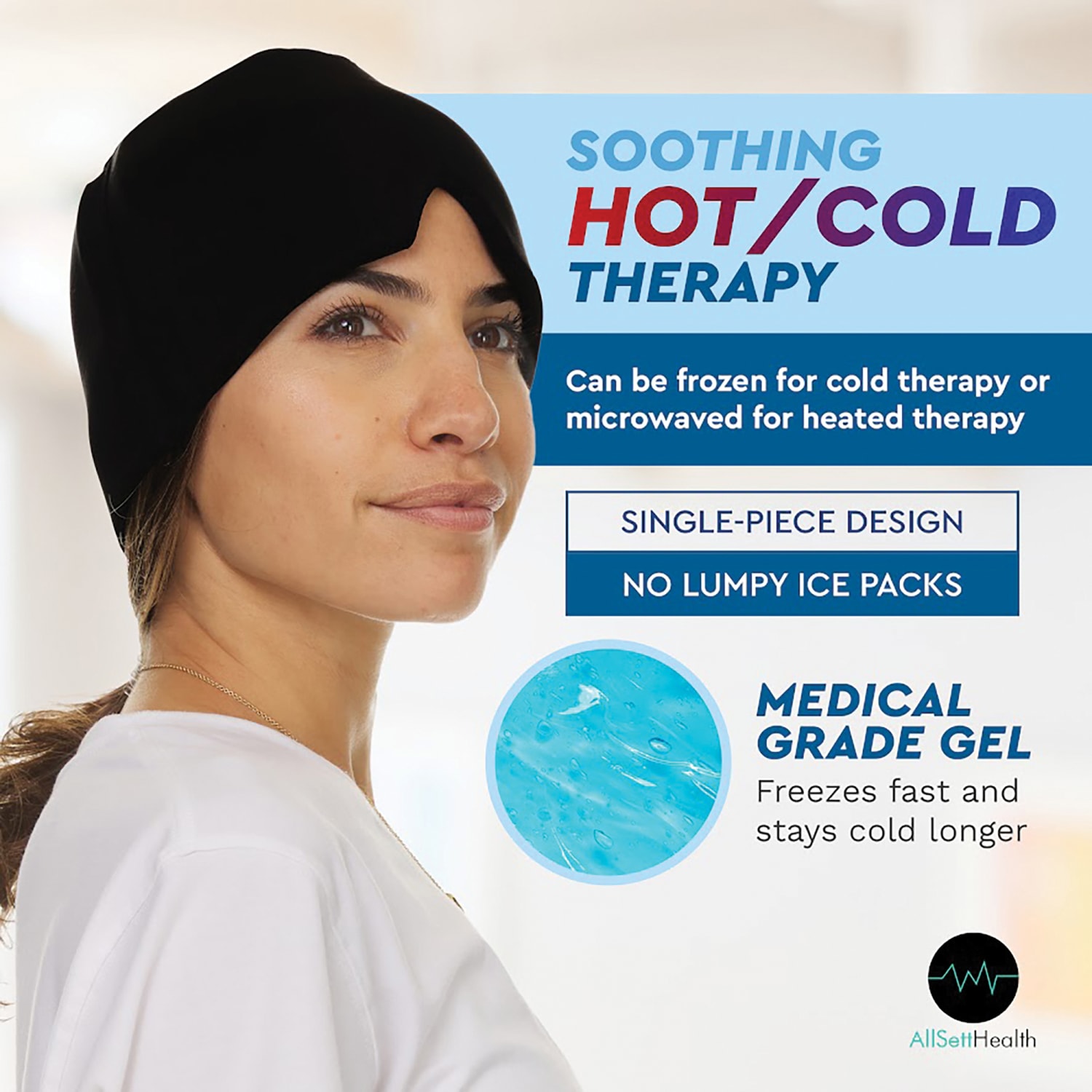 AllSett Health Cold Gel Ice Head Wrap Hats For Headache And Migraine Relief, 9-1/16in x 5-9/16in, Black, Pack Of 2 Wrap Hats - Image 3