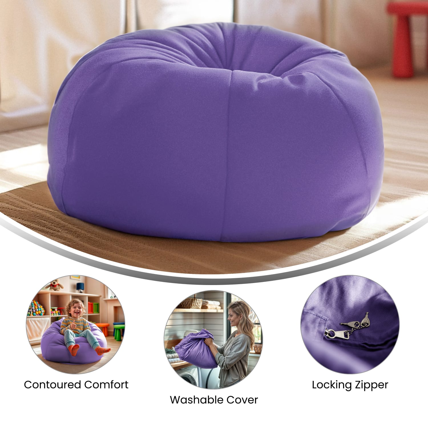 Flash Furniture Small Bean Bag Chair For Kids And Teens, Purple - Image 5