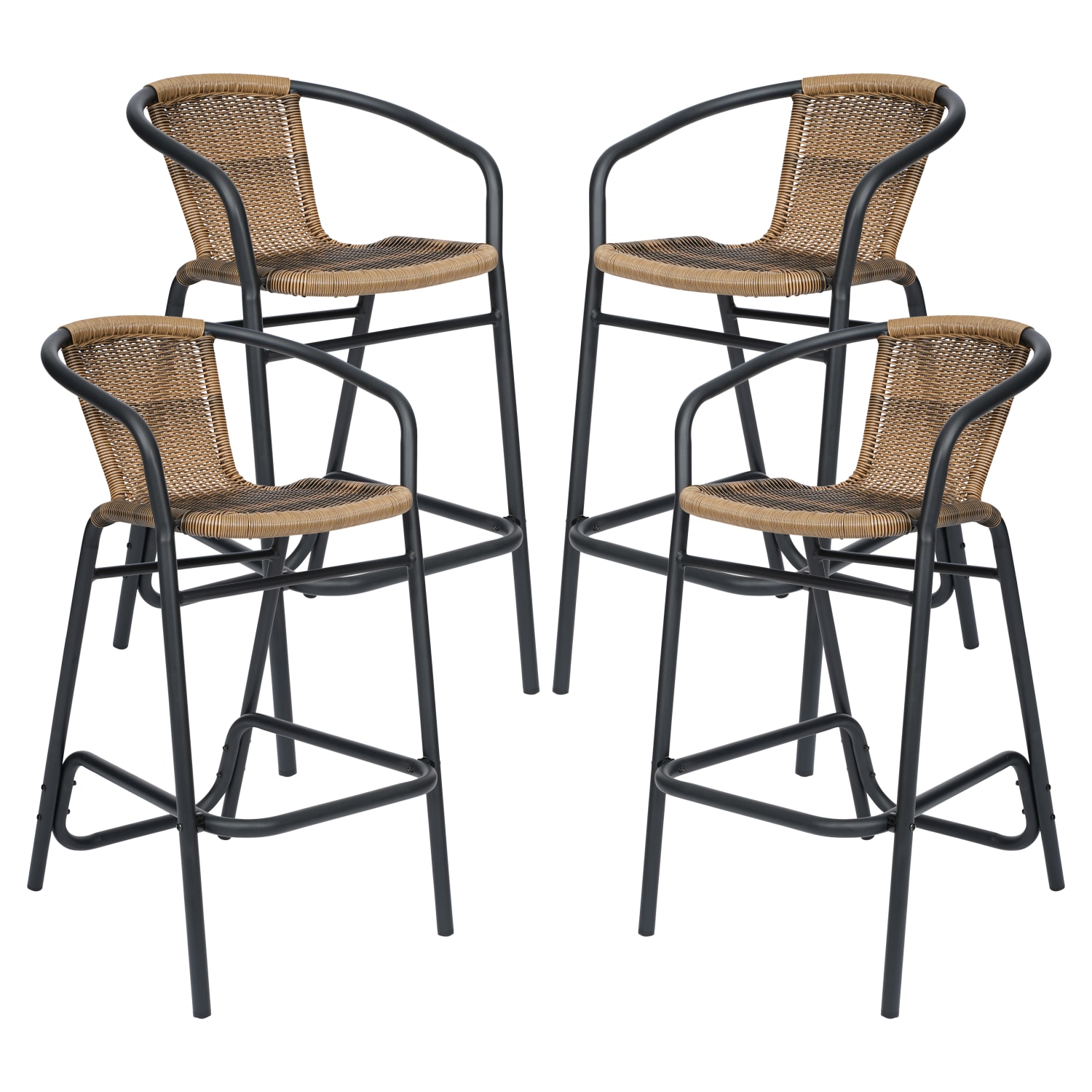 Flash Furniture Lila Set of 4 Commercial Grade Indoor-Outdoor PE Rattan Restaurant Barstools with Aluminum Frames and Footrests, Medium Brown