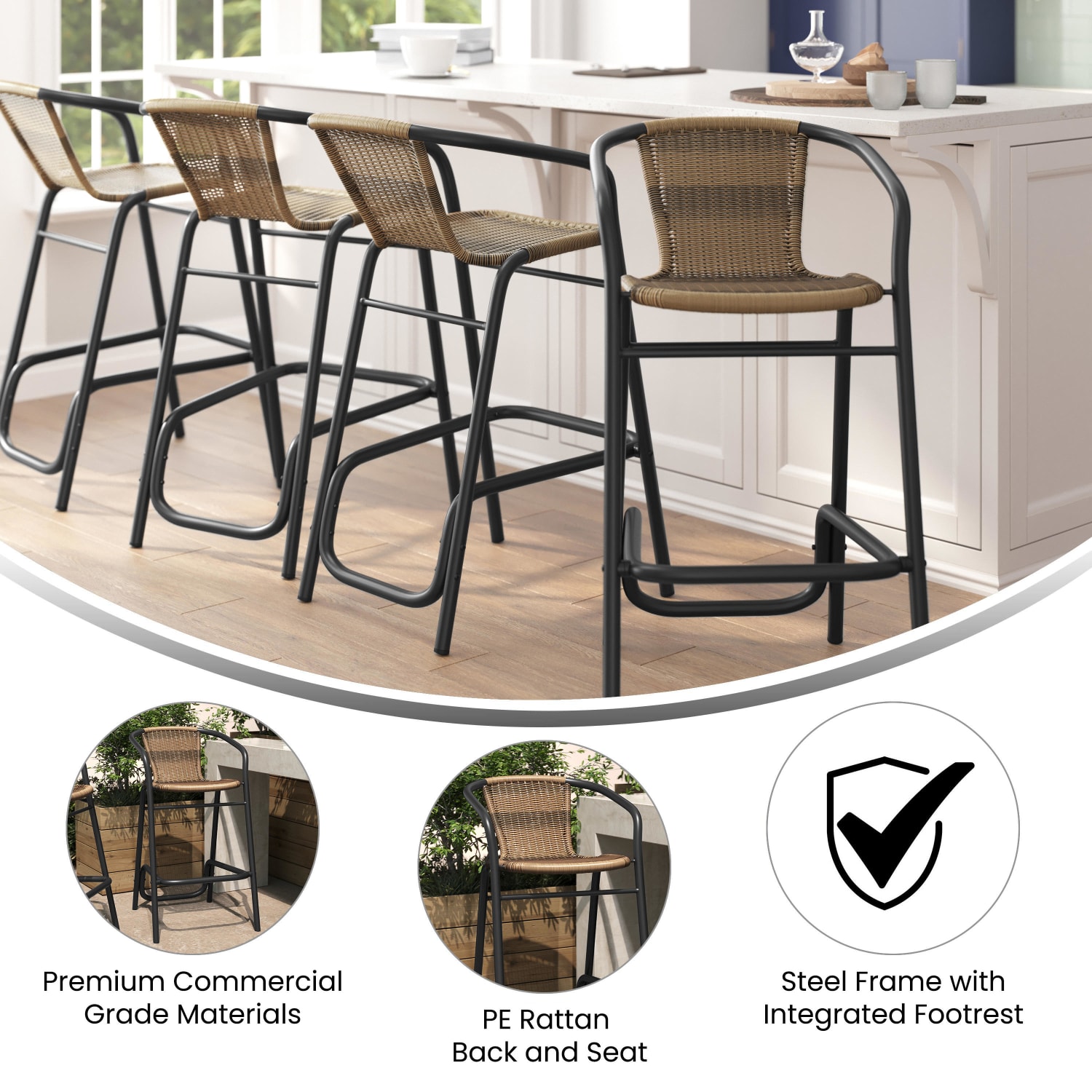 Flash Furniture Lila Set of 4 Commercial Grade Indoor-Outdoor PE Rattan Restaurant Barstools with Aluminum Frames and Footrests, Medium Brown - Image 4