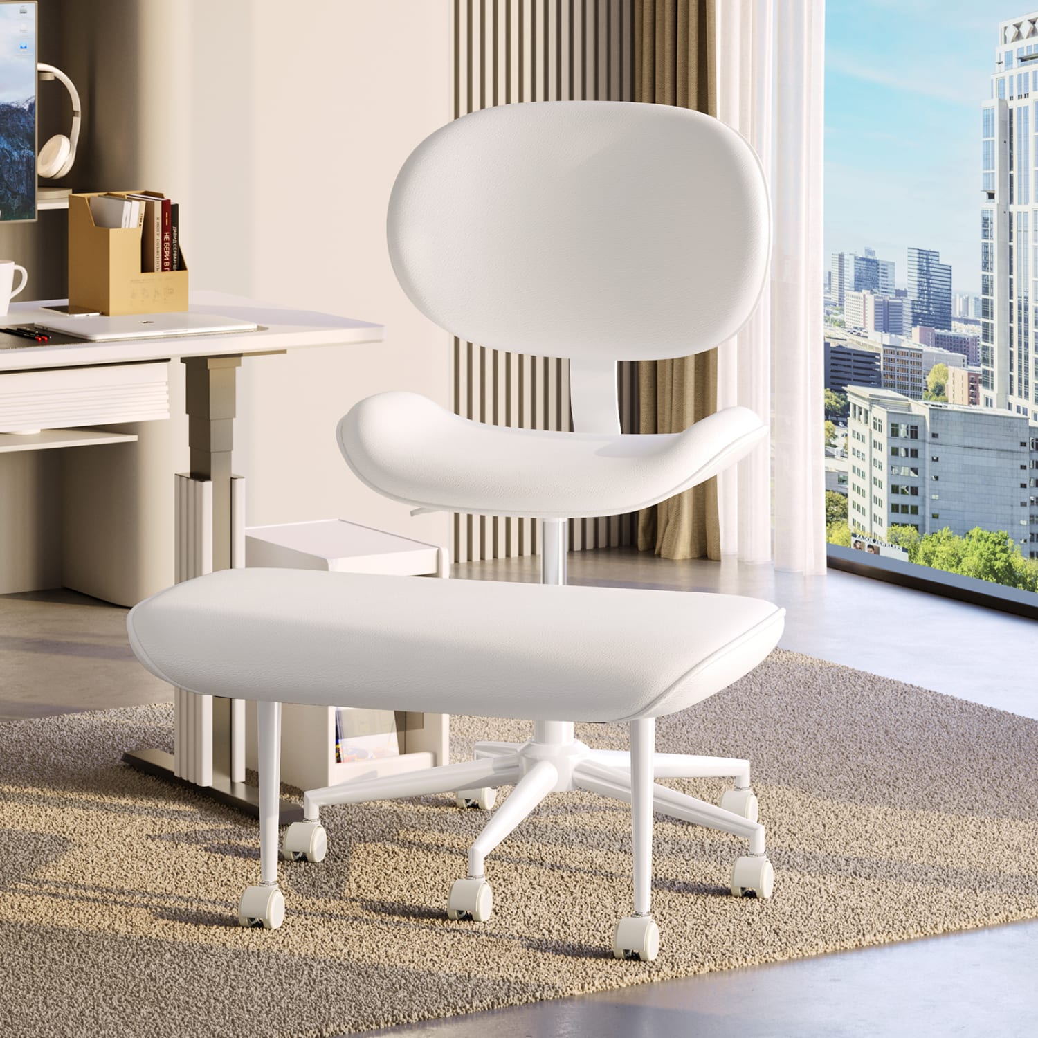 Pinmoco 2-Tier Cross-Legged Ergonomic Faux Leather Modern Armless Office Chair,White - Image 4