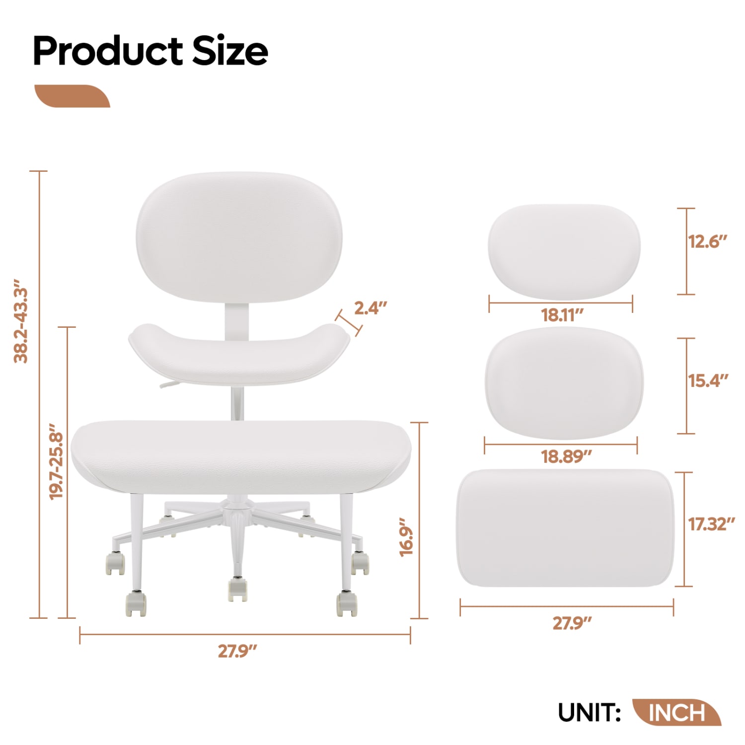 Pinmoco 2-Tier Cross-Legged Ergonomic Faux Leather Modern Armless Office Chair,White - Image 5