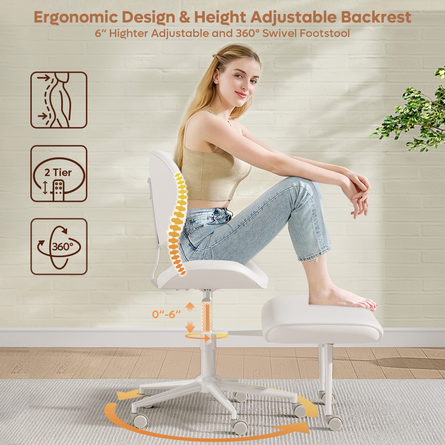 Pinmoco 2-Tier Cross-Legged Ergonomic Faux Leather Modern Armless Office Chair,White - Image 6