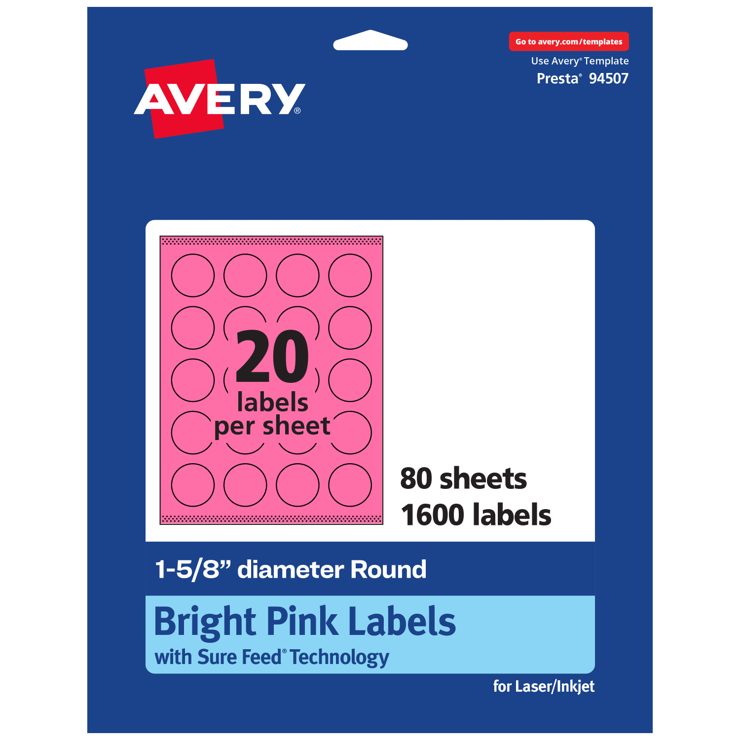 Avery Print-To-The-Edge Labels With Sure Feed Technology And Easy Peel Label Feature, 94507-BPP80, Round, 1-5/8in, Matte Bright Pink, Pack of 1600