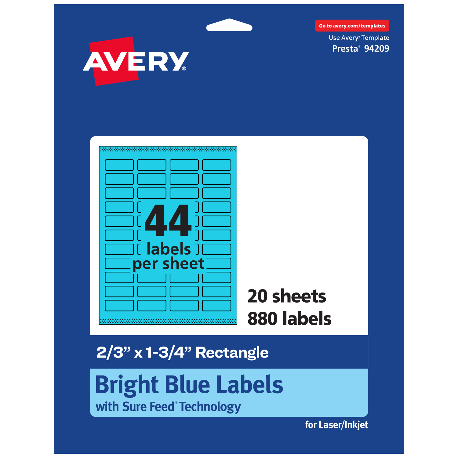 Avery Print-To-The-Edge Labels With Sure Feed Technology And Easy Peel, 94209-BBP20, Rectangle, 2/3in x 1-3/4in, Matte Bright Blue, Pack of 880