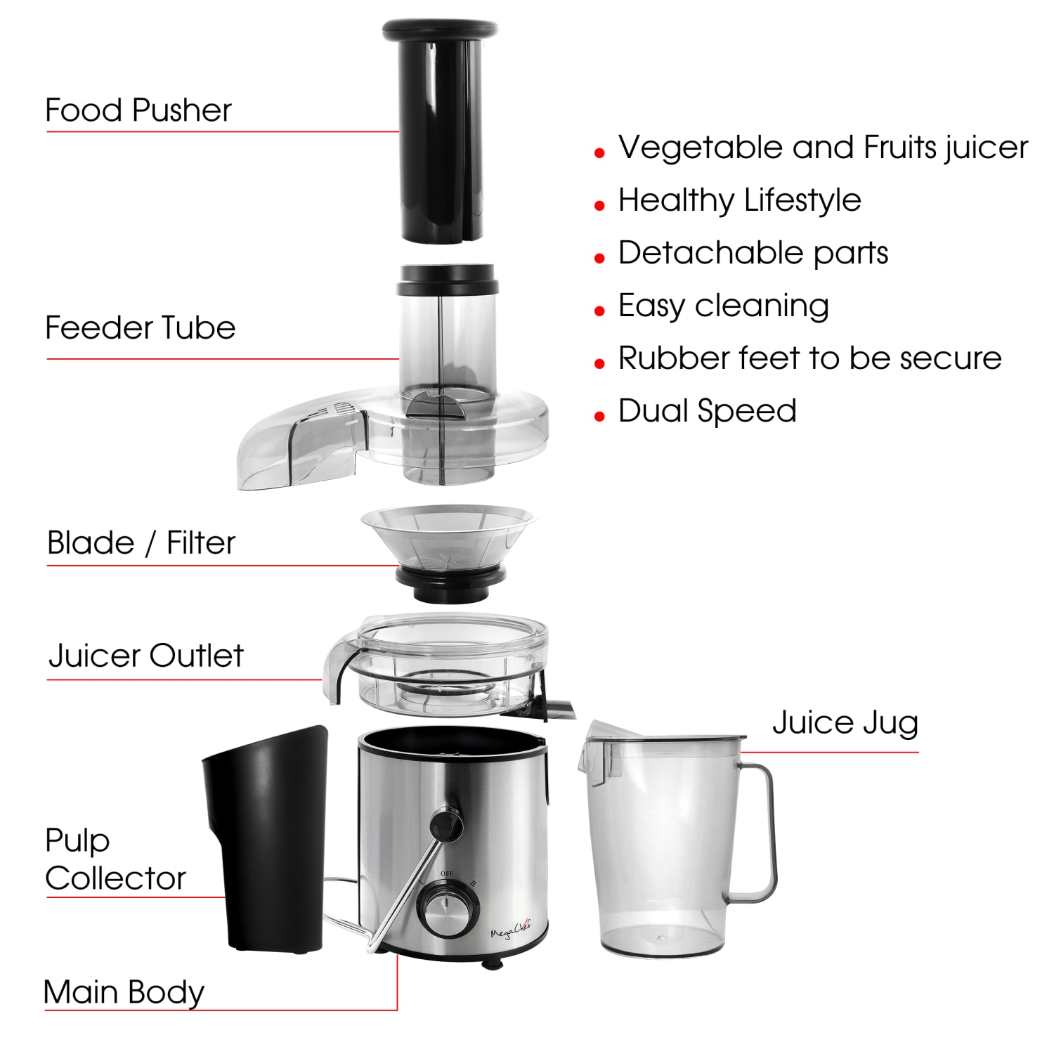 Megachef Wide-Mouth Juice Machine With Dual-Speed Centrifugal Juicer, Silver - Image 6