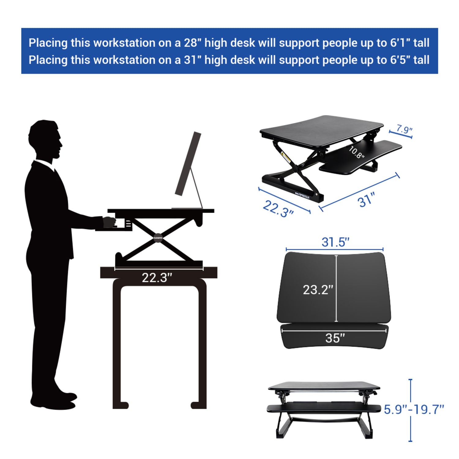 FlexiSpot M2 Height-Adjustable Standing Desk Riser With Removable Keyboard Tray, 19-3/4inH x 35inW x 23-1/4inD, Black - Image 3