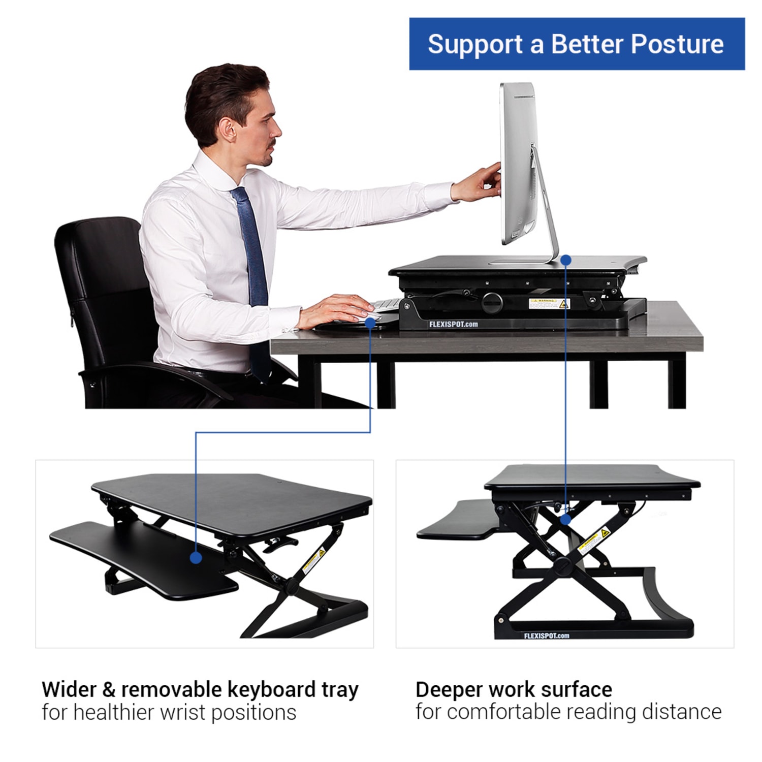 FlexiSpot M2 Height-Adjustable Standing Desk Riser With Removable Keyboard Tray, 19-3/4inH x 35inW x 23-1/4inD, Black - Image 4