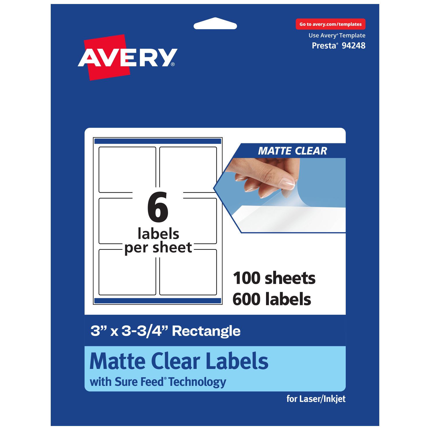 Avery Permanent Labels With Sure Feed, 94248-CMF100, Rectangle, 3in x 3-3/4in, Matte Clear, Pack Of 600