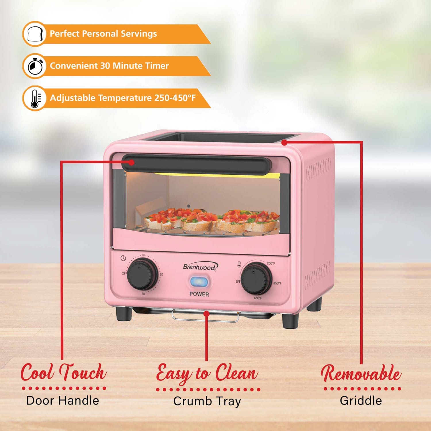 Brentwood 183 Cu In 500W Stainless Steel Mini Toaster Oven, Pink - Image 4