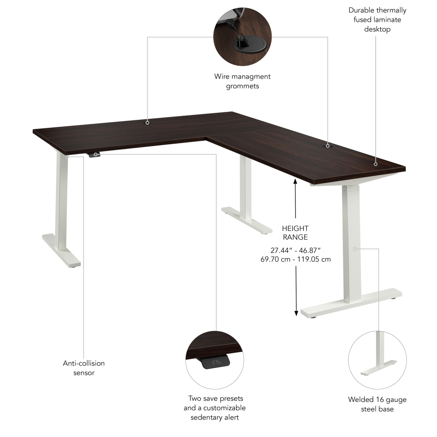 Bush Business Furniture Move 60 Series 60inW Height Adjustable L Shaped Standing Desk, Black Walnut/White Powder Coat, Standard Delivery - Image 4