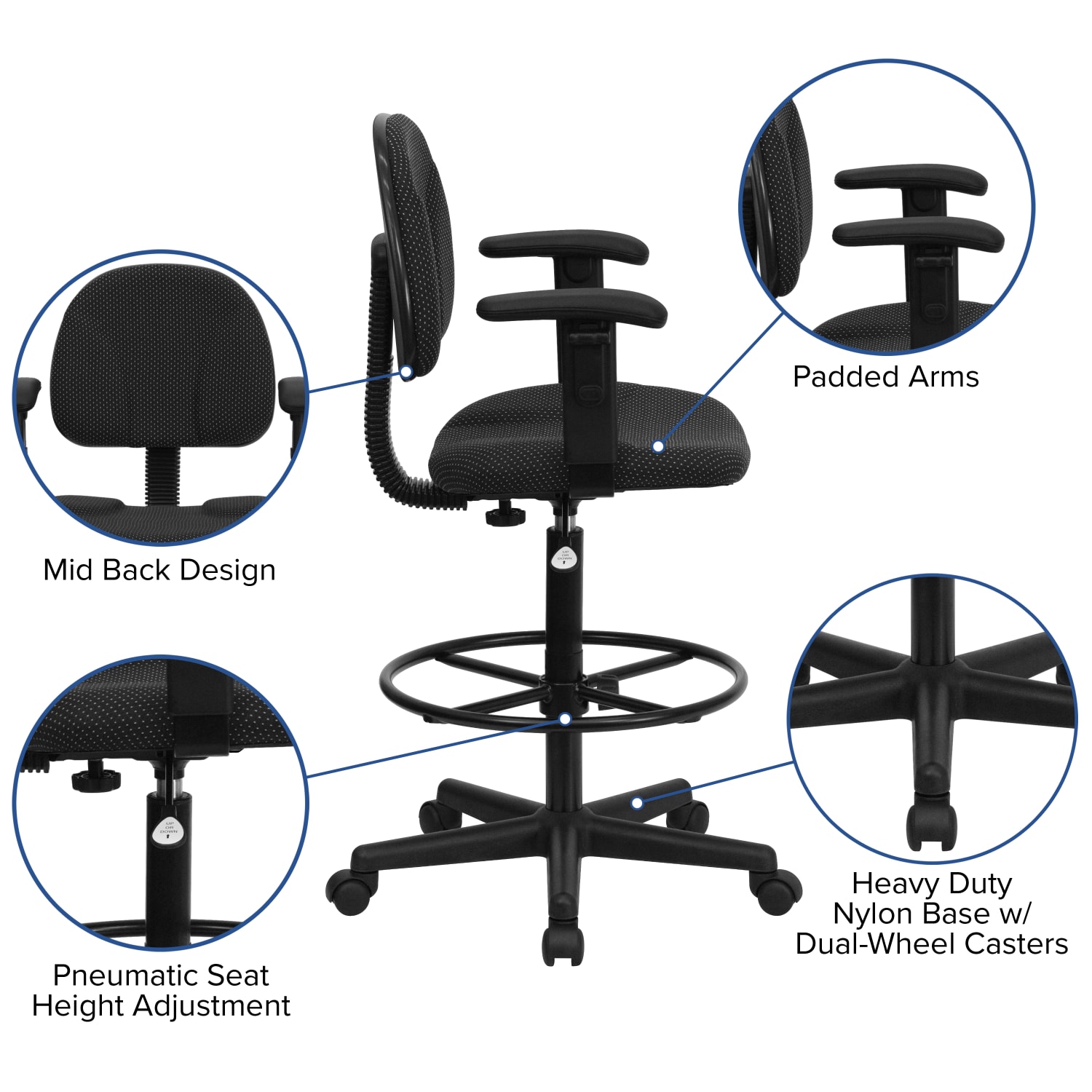 Flash Furniture Fabric Drafting Chair with Adjustable Arms (Cylinders: 22.5ft"-27ft"H or 26ft"-30.5ft"H), Black - Image 5