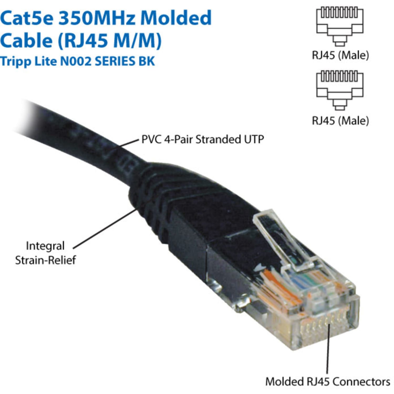 Eaton Tripp Lite Series Cat5e 350 MHz Molded (UTP) Ethernet Cable (RJ45 M/M), PoE - Black, 1 ft. (0.31 m) - N002001BK - Image 3
