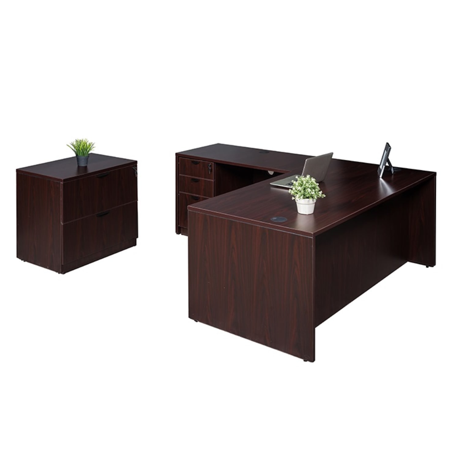 Boss Office Products 71inW Executive L-Shaped Corner Desk With Box/Box/File Storage Pedestal And 2-Drawer Lateral File, Mahogany