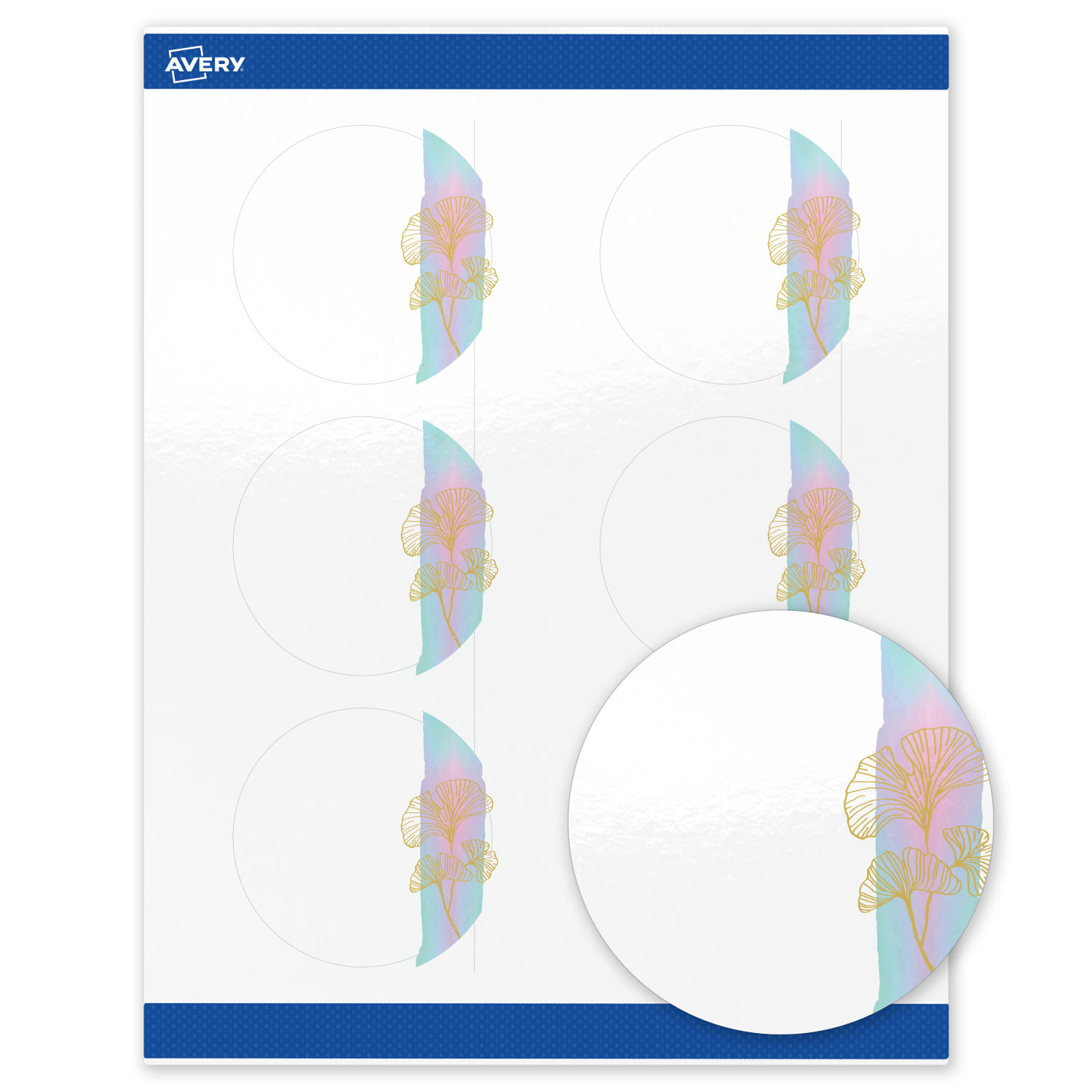 Avery Printable Labels With Sure Feed Technology, S00-EVG, Round, 3in, Glossy White With Preprinted Watercolor/Gold Leaf Design, Pack Of 60 - Image 3