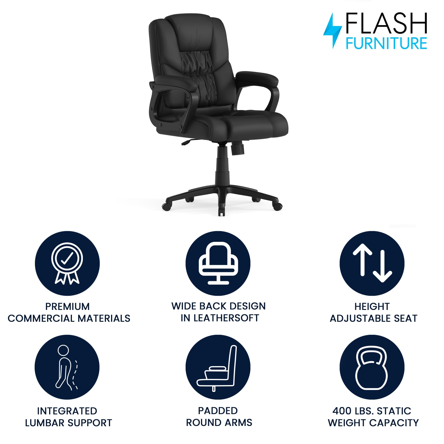 Flash Furniture Flash Fundamentals Big & Tall LeatherSoft Faux Leather Office Chair, Black - Image 3