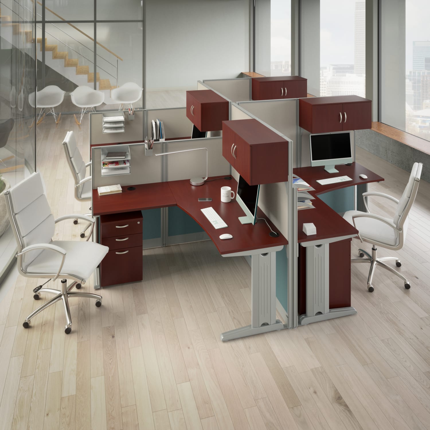 Bush Business Furniture Office in an Hour 4 Person L Shaped Cubicle Workstations, Hansen Cherry, Standard Delivery - Image 3
