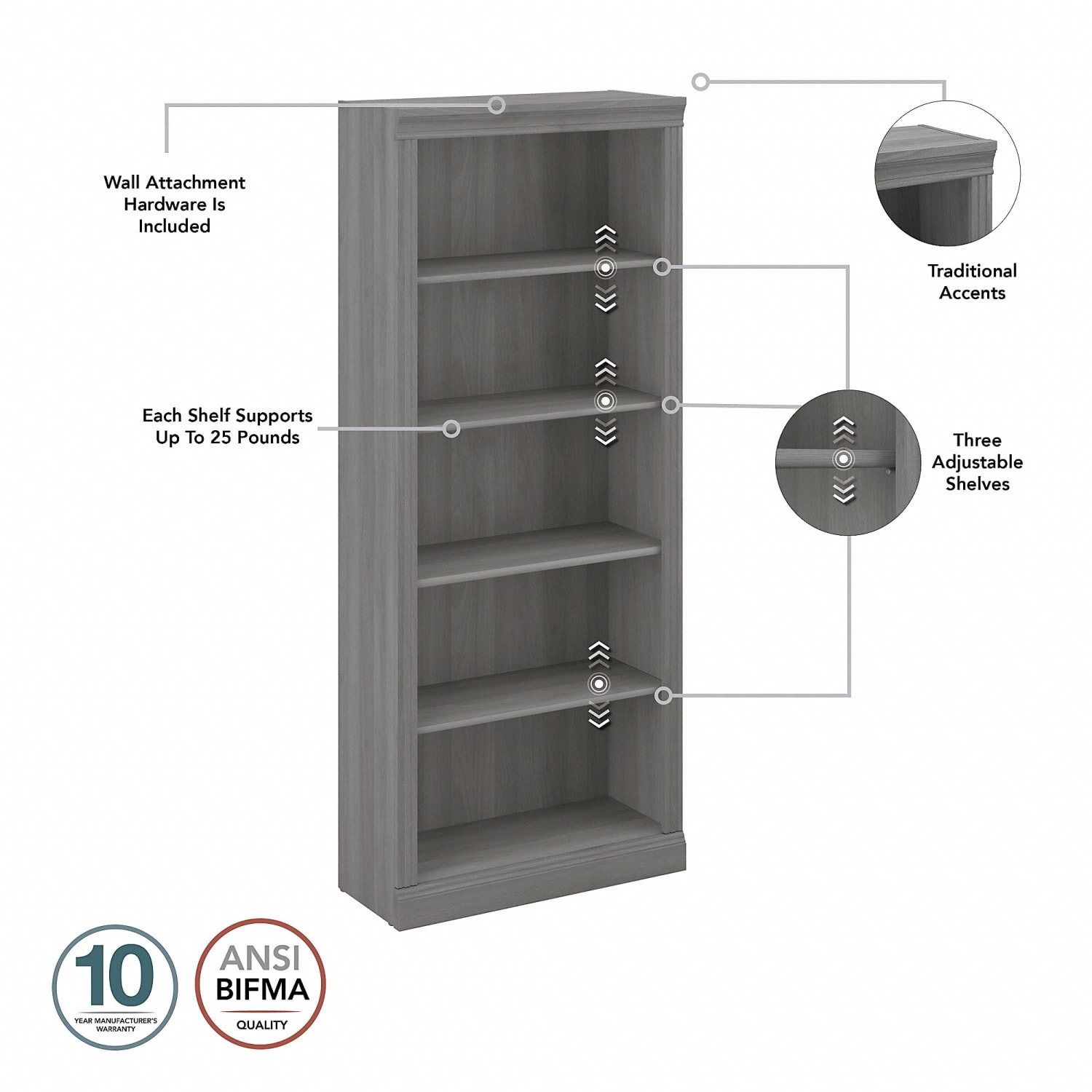 Bush Business Furniture Saratoga 72inH 5-Shelf Bookcase, Modern Gray, Standard Delivery - Image 4