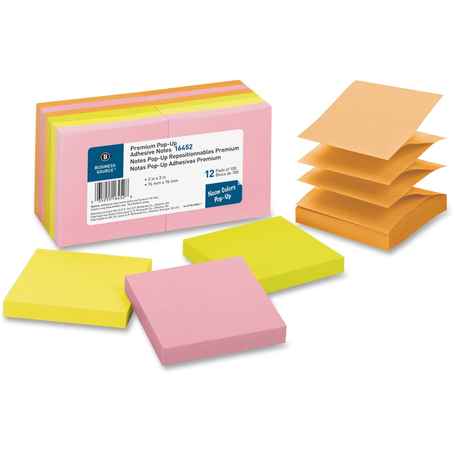 Business Source Reposition Pop-up Adhesive Notes - 3in Flag/Notex 3in Flag/Note - Square - Assorted Neon - 16452