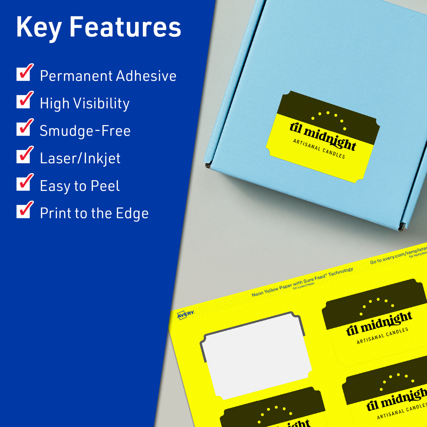 Avery Print-To-The-Edge Labels With Sure Feed Technology, 94267-NYP10, Rectangle Scalloped, 2in x 3in, Matte Neon Yellow, Pack of 80 - Image 3