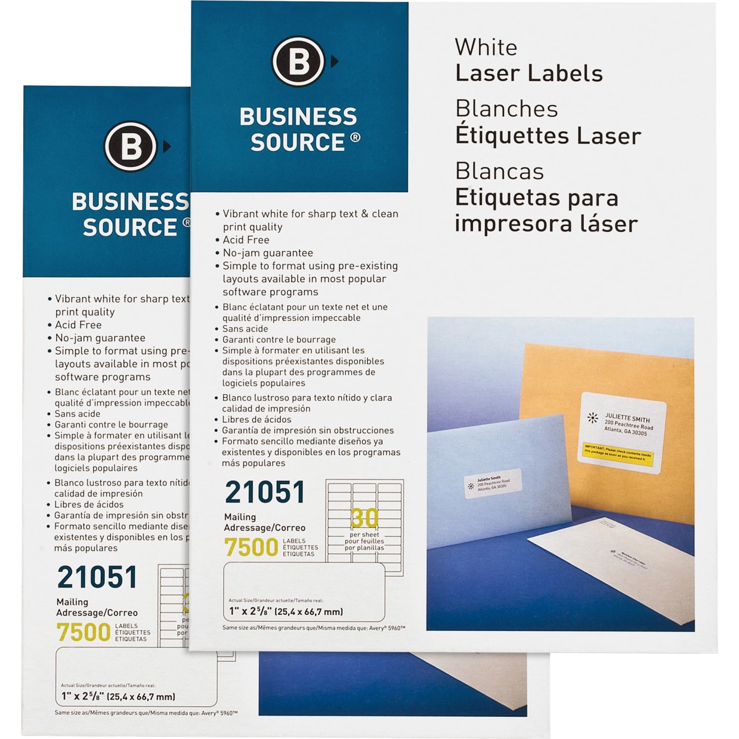 Business Source Premium-Quality Address Labels, 21051CT, Rectangle, 1in x 2-5/8in, Bright White, 250 Sheets Per Pack, Carton Of 2 Packs