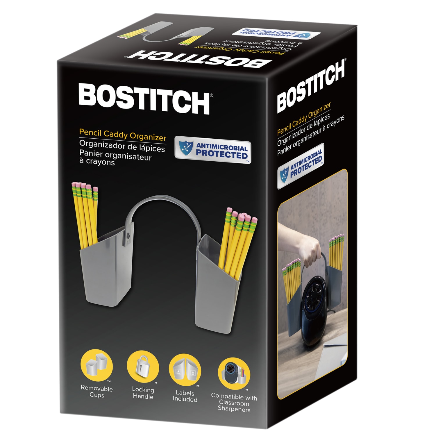 Bostitch Antimicrobial Classroom Pencil Caddy With Handle, 4-3/4inH x 7inW x 2-1/2inD, Gray - Image 3