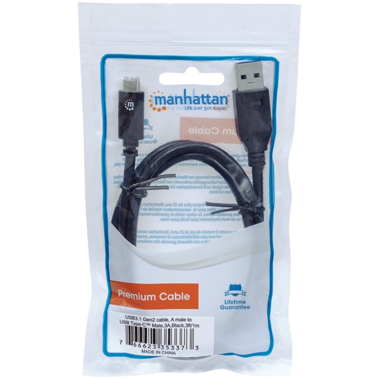 Manhattan USB-C to USB-A Cable, 1m, Male to Male, 10 Gbps (USB 3.2 Gen2 aka USB 3.1), 3A (fast charging), SuperSpeed+ USB, Black, Lifetime Warranty, Polybag - USB cable - 24 pin USB-C (M) to USB Type A (M) - USB 3.1 Gen 2 - 3 A - 3.3 ft - black - Image 6