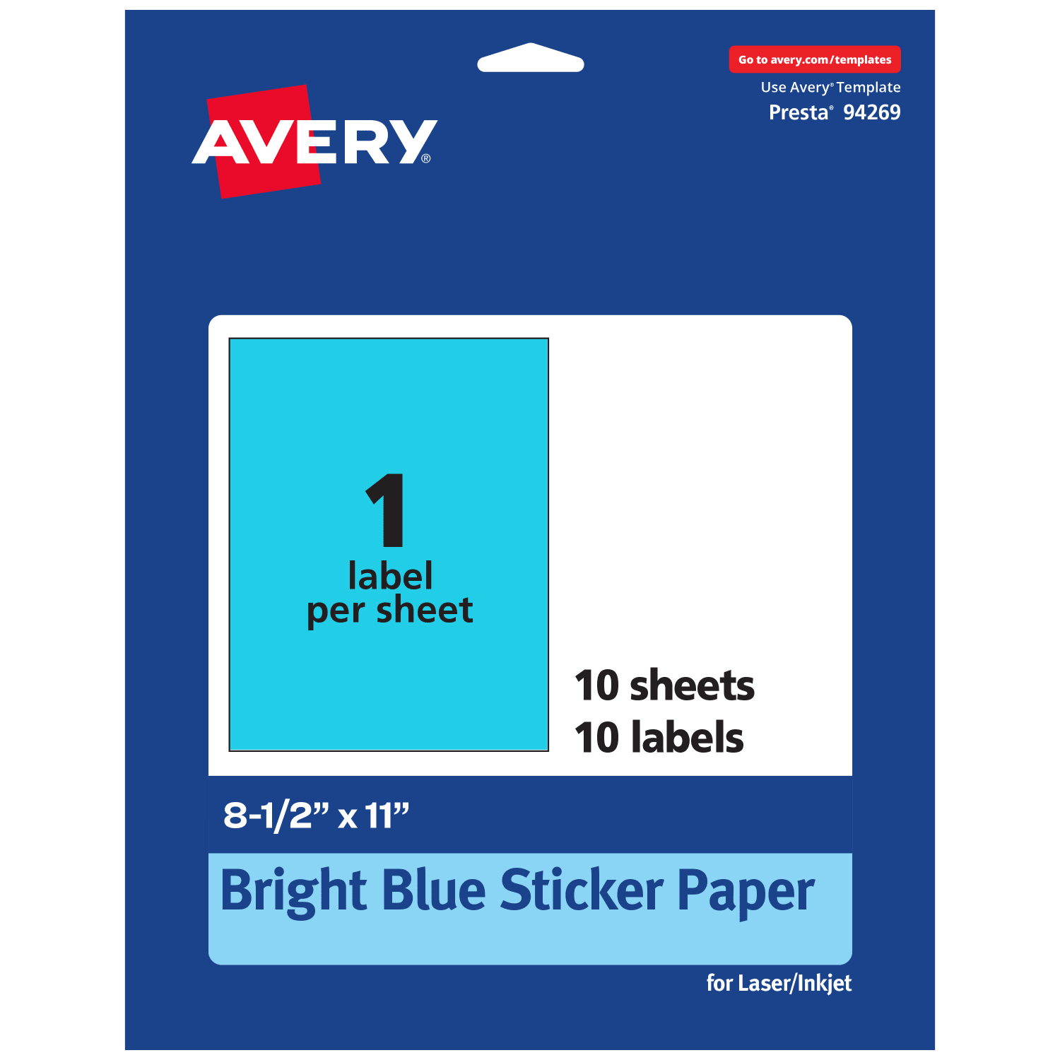 Avery Printable Sticker Paper, 94269-BBP10, Rectangle, 8-1/2in x 11in, Matte Bright Blue, Pack of 10