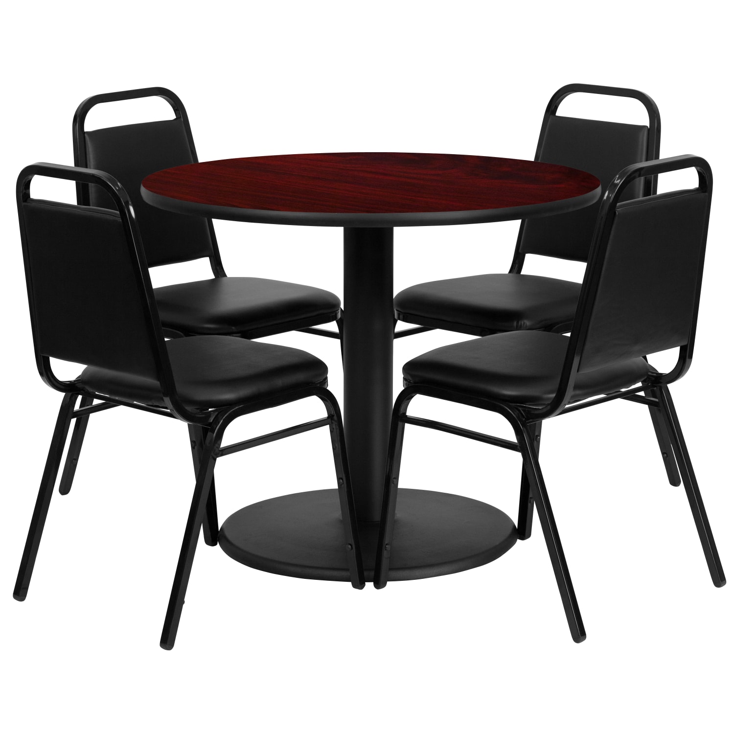 Flash Furniture Round Laminate Table Set With Round Base And 4 Trapezoidal-Back Banquet Chairs, 30inH x 36inW x 36inD, Mahogany/Black - Image 3