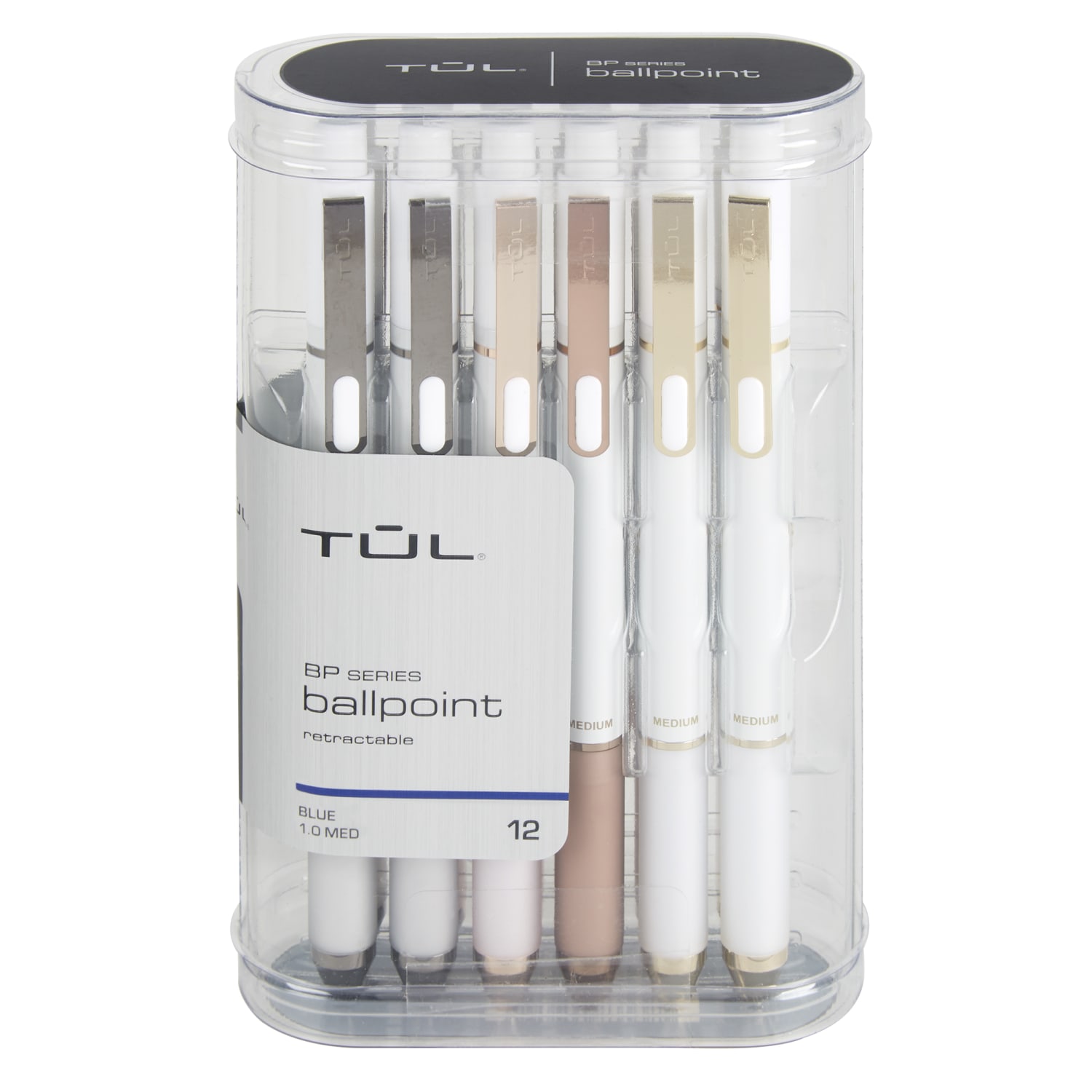 TUL BP Series Retractable Ballpoint Pens, Medium Point, 1.0 mm, Pearl White Barrel, Blue Ink, Pack Of 12 Pens