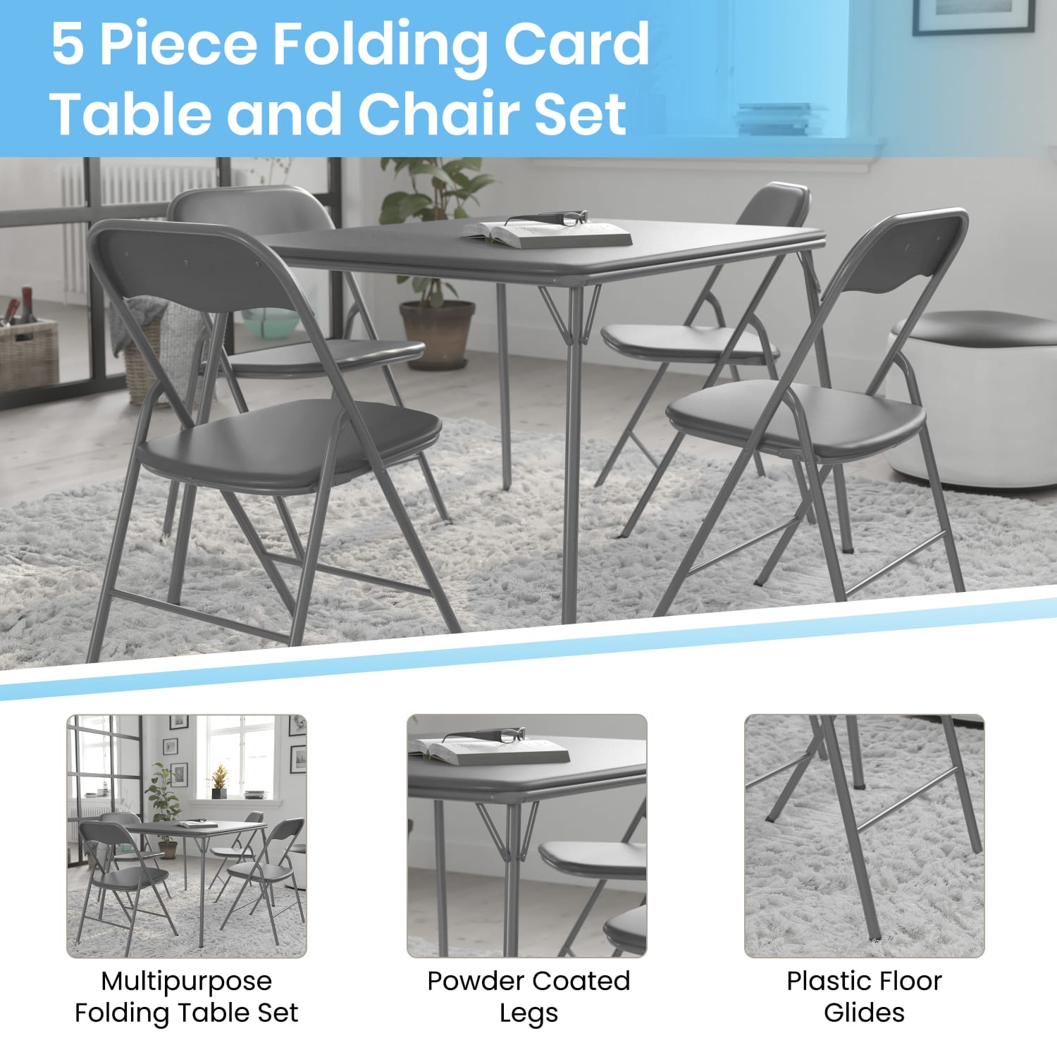 Flash Furniture 5-Piece Folding Card Table And Chair Set, 27-3/4inH x 33-1/2inW x 33-1/2inD, Gray - Image 6
