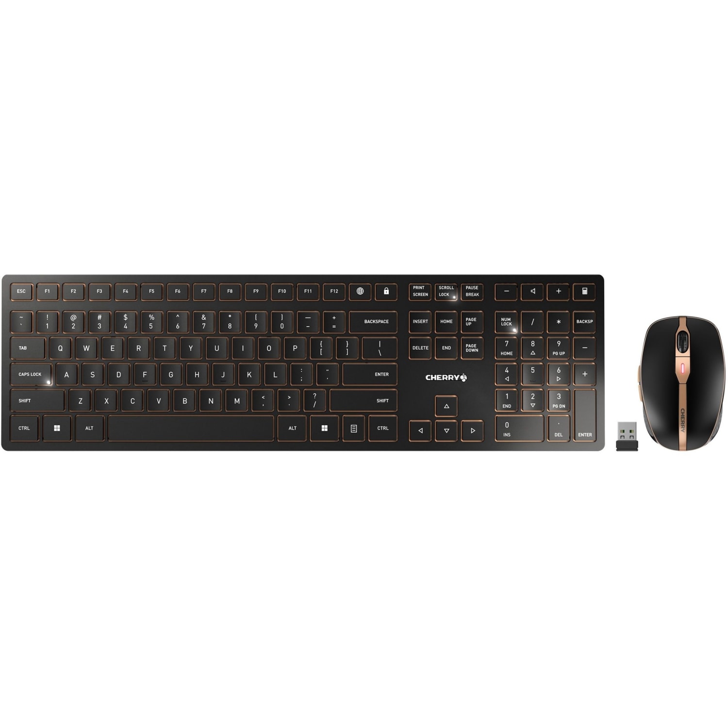 CHERRY DW 9100 SLIM Rechargeable Wireless Combo - Full Size,Black/Bronze,Bluetooth - AES 128 Encryption,3 Resolution Mouse,Elegant Design