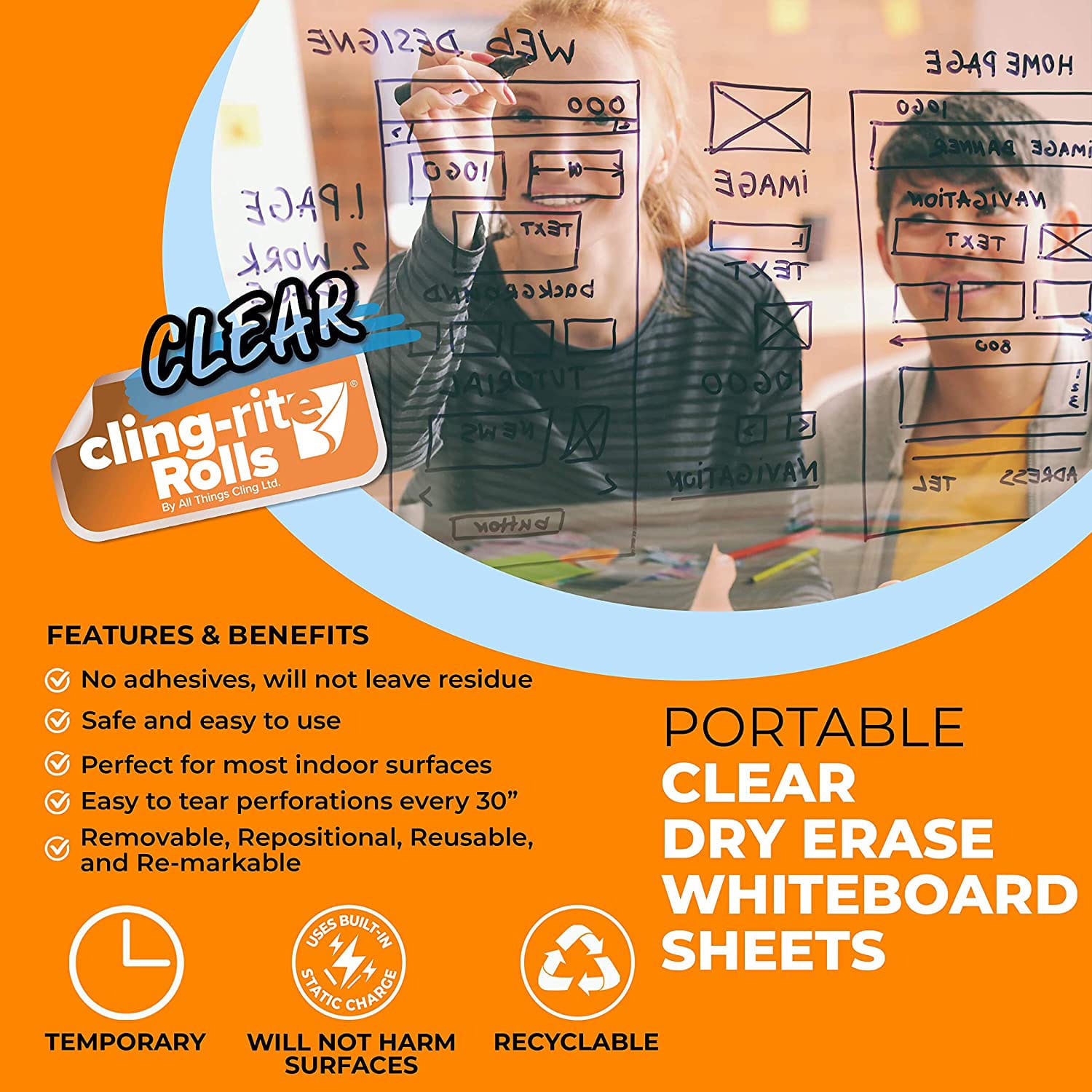 Clingers Cling-Rite Dry-Erase Sheets, 20in x 30in, 50ft Roll, Clear, Roll Of 20 Sheets - Image 4