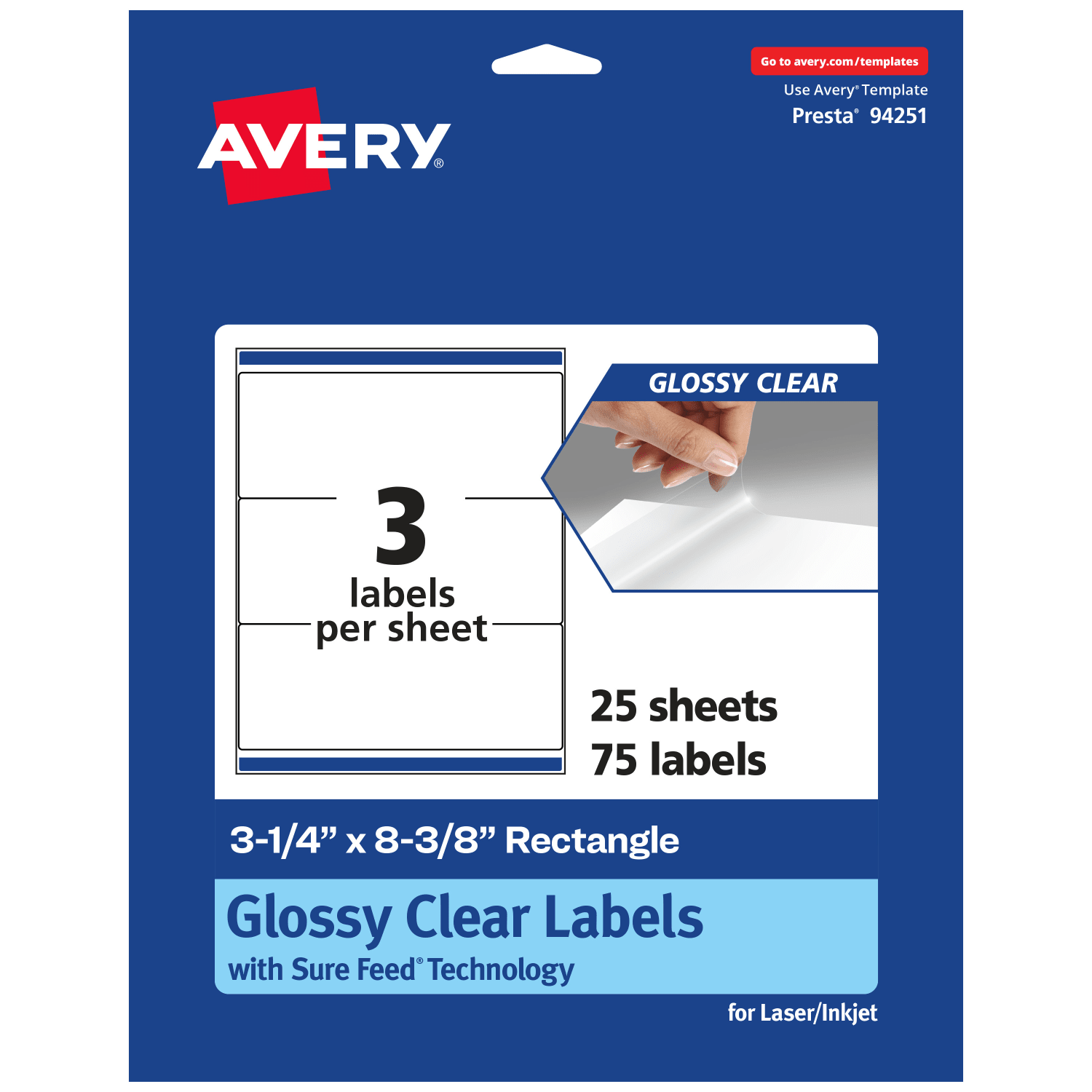 Avery Glossy Permanent Labels With Sure Feed, 94251-CGF25, Rectangle, 3-1/4in x 8-3/8in, Clear, Pack Of 75