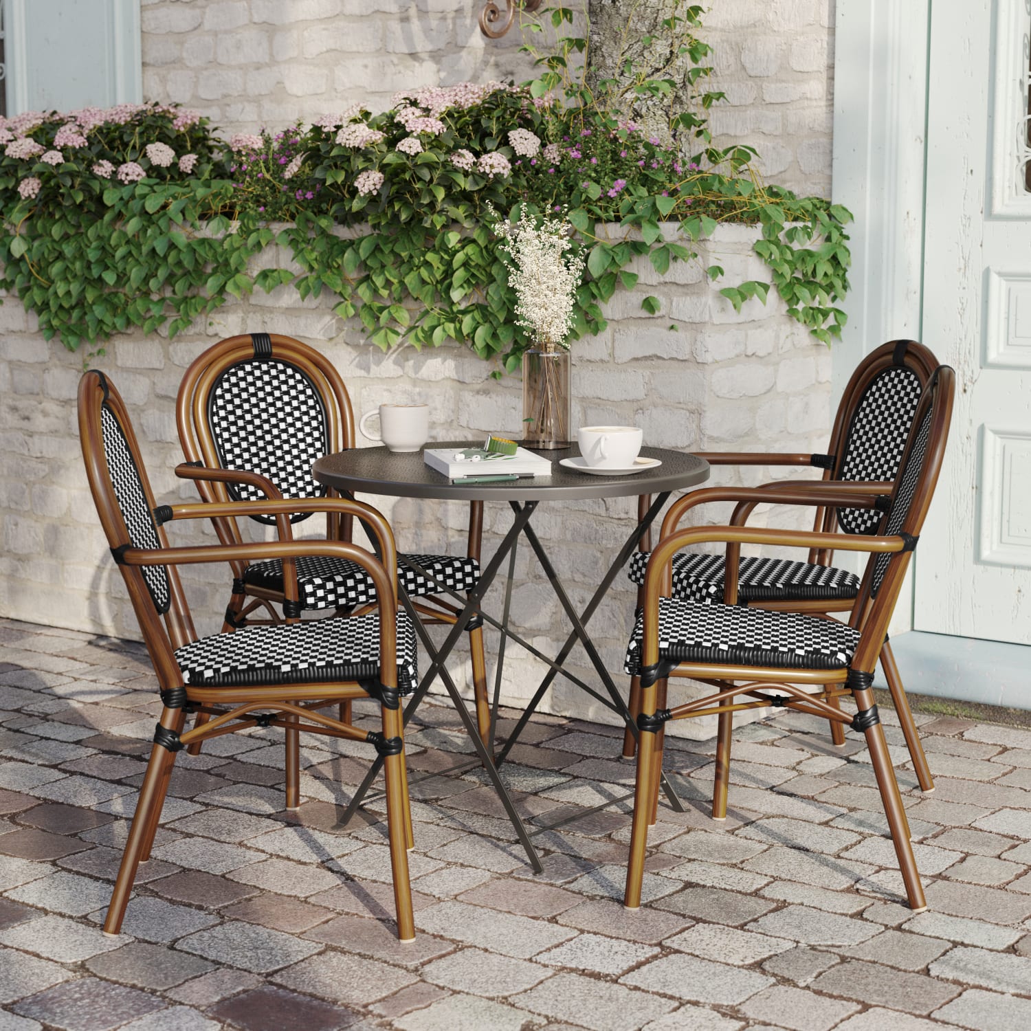 Flash Furniture 4 Pack Lourdes Indoor/Outdoor Commercial Thonet Bistro Stacking Chair with Arms, Black & White/Natural Frame -4SDA6422ABWNAT - Image 6