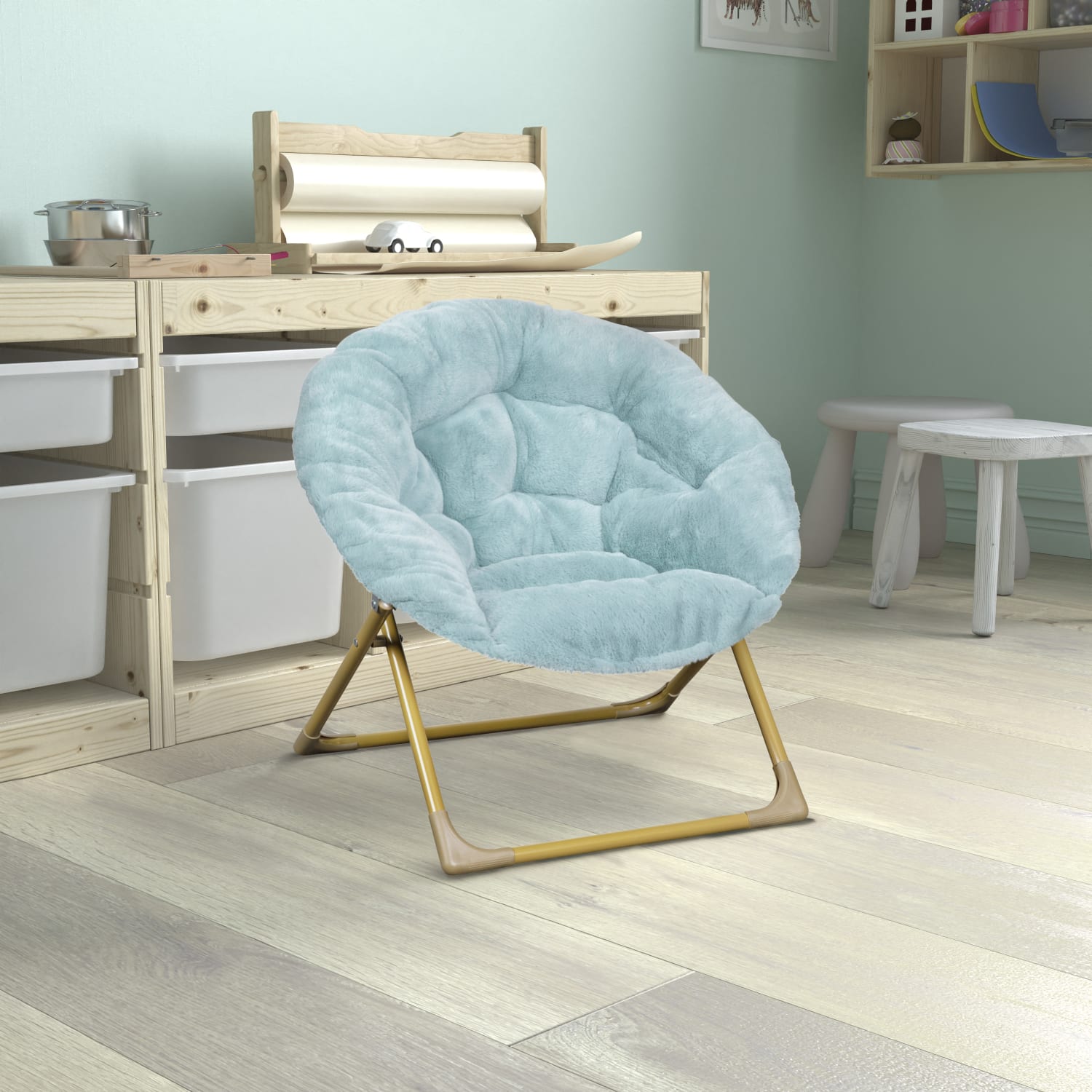 Flash Furniture Gwen 23in Kids Cozy Mini Folding Saucer Chair, Faux Fur Moon Chair for Toddlers and Bedroom, Dusty Aqua Faux Fur/Soft Gold Frame - Image 3