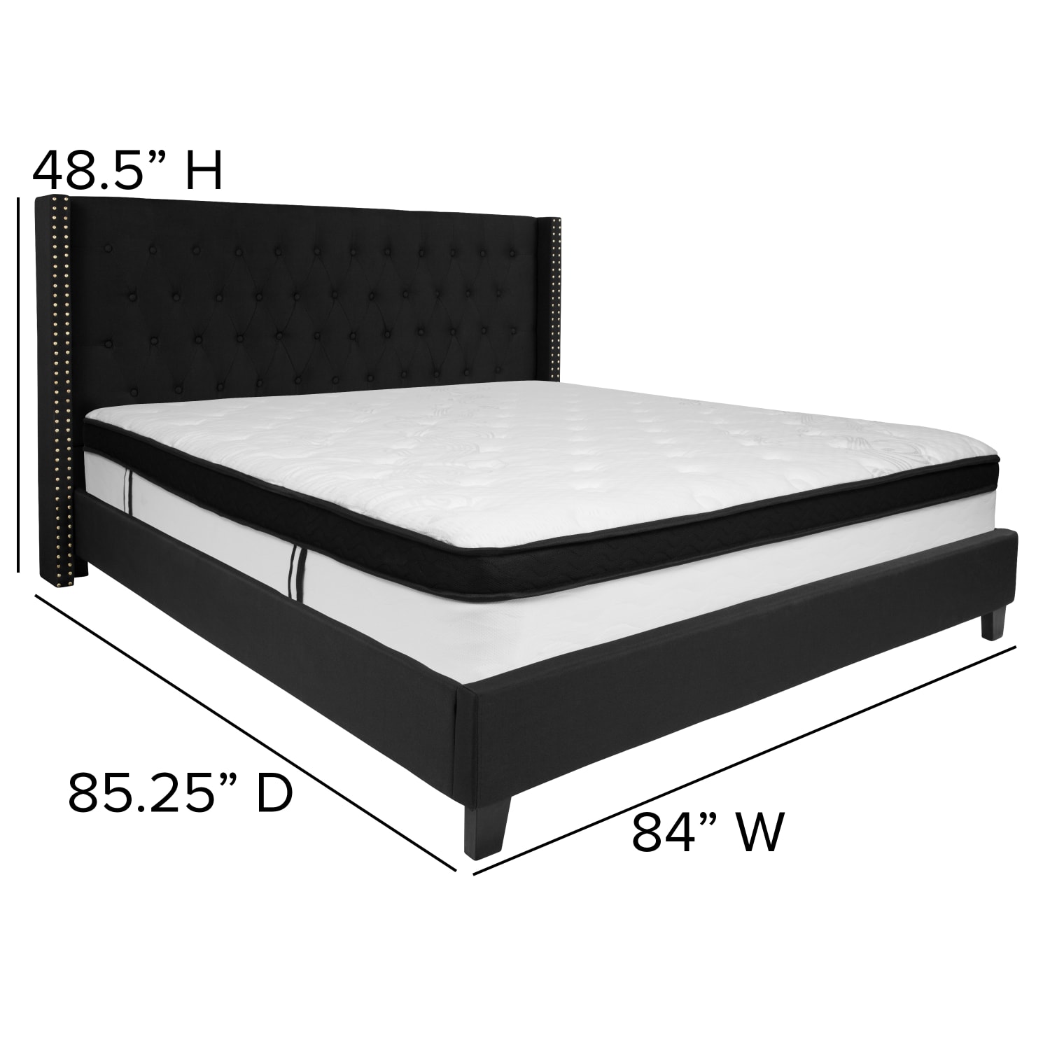 Flash Furniture Riverdale Tufted Upholstered Platform Bed With Accent Nail Trimmed Extended Sides And Memory Foam Pocket Spring Mattress, King, Black - Image 5