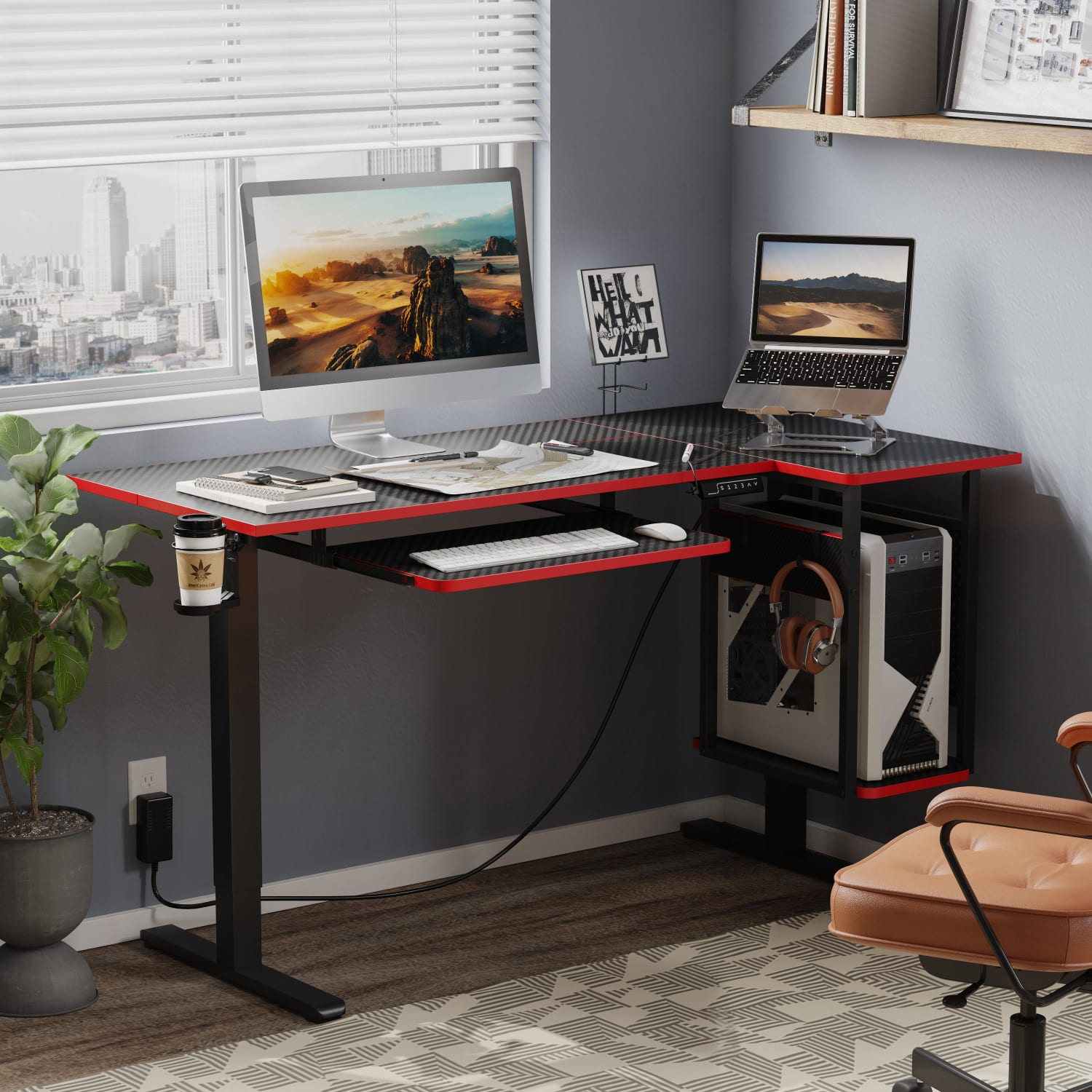 Bestier 58inW Electric Adjustable-Height Standing Desk With Keyboard Tray And CPU Host Shelf, Carbon Fiber Black - Image 4