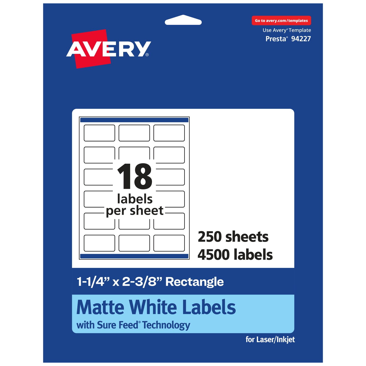 Avery Permanent Labels With Sure Feed, 94227-WMP250, Rectangle, 1-1/4in x 2-3/8in, White, Pack Of 4,500