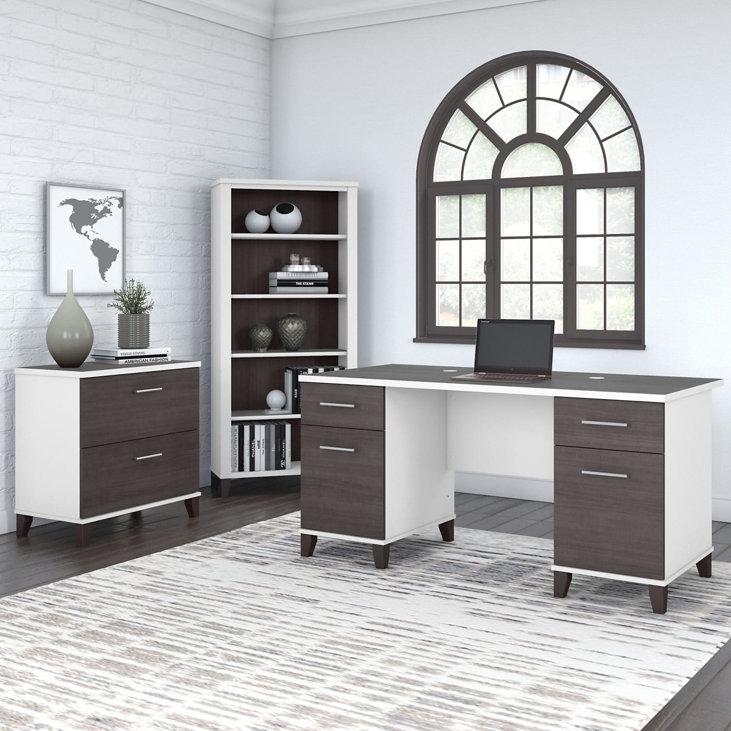 Bush Business Furniture Somerset 60inW Office Computer Desk With Lateral File Cabinet And 5-Shelf Bookcase, Storm Gray/White, Standard Delivery - Image 3