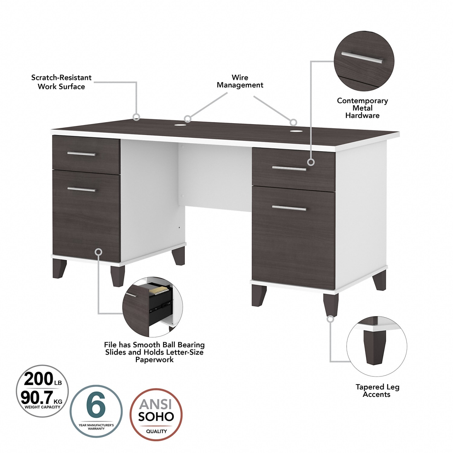 Bush Business Furniture Somerset 60inW Office Computer Desk With Lateral File Cabinet And 5-Shelf Bookcase, Storm Gray/White, Standard Delivery - Image 4